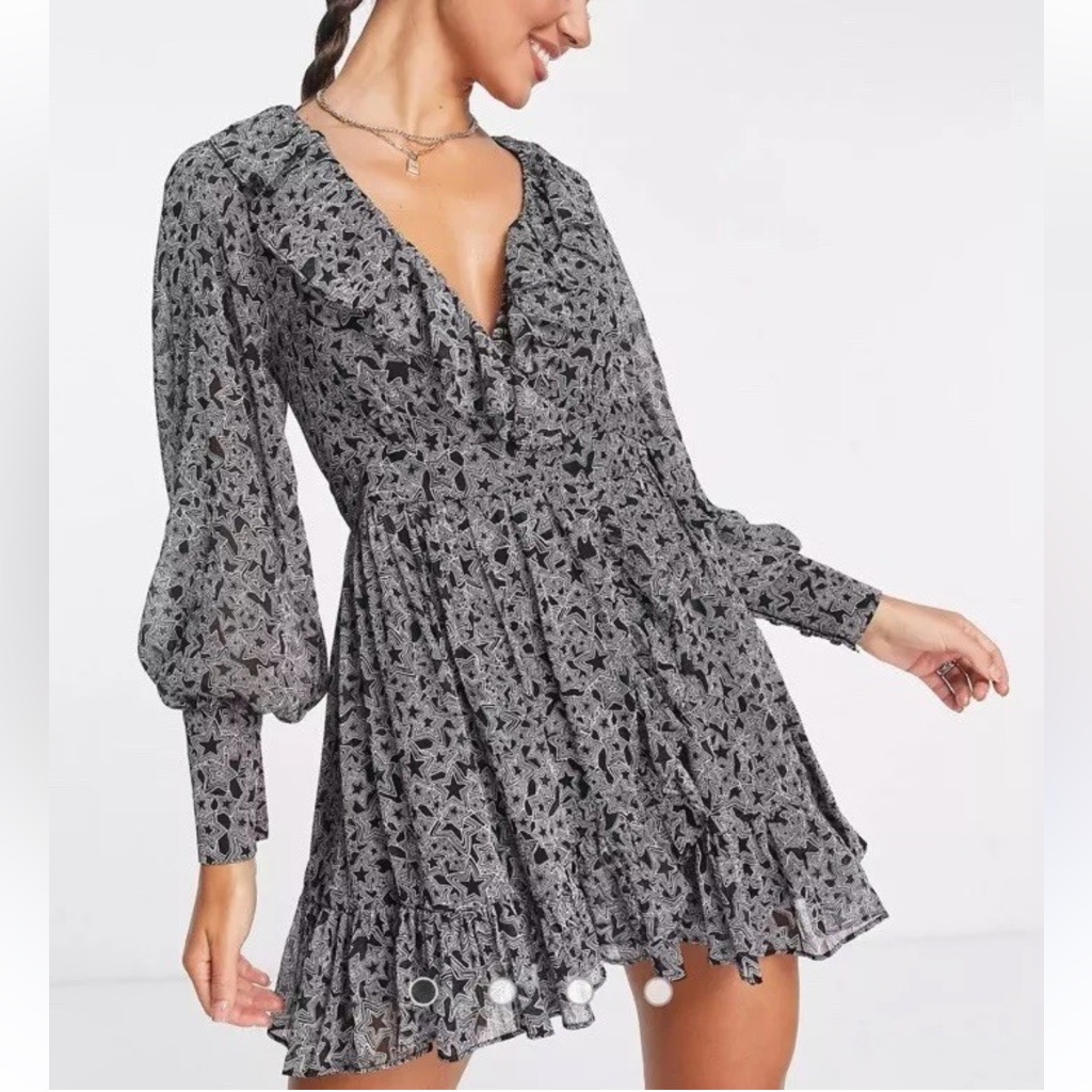 Topshop Star Ruffle Wrap Mini Tea Dress Mono Black White Balloon Sleeve Nwt-10